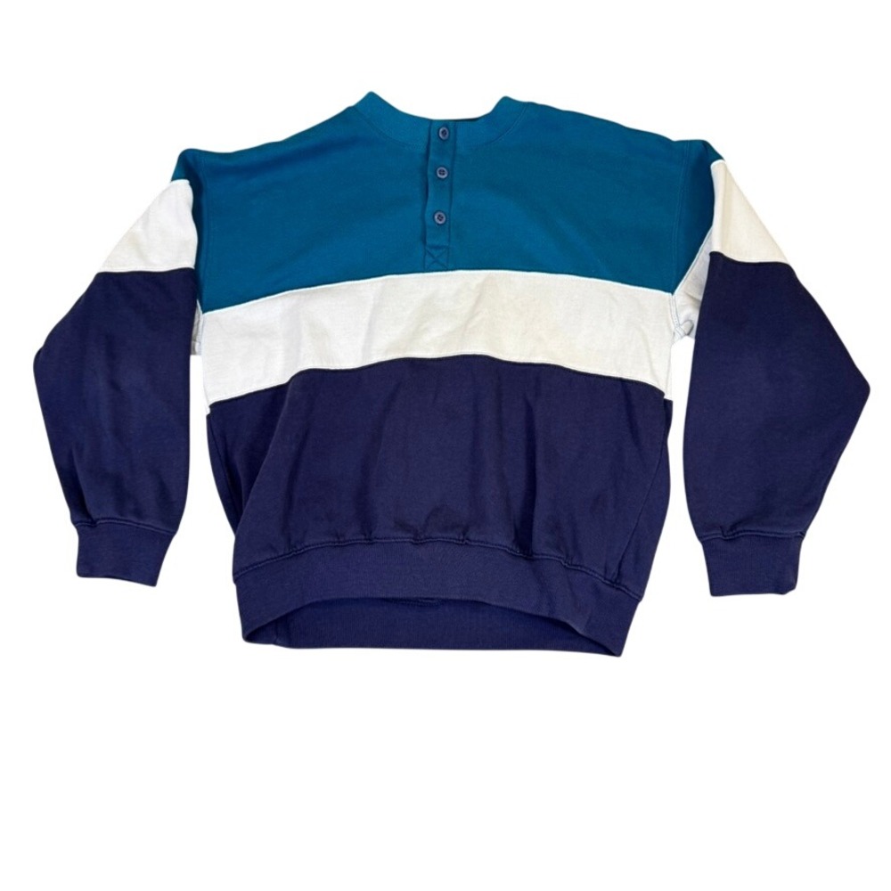 Vintage Colorblock Henley Sweatshirt Teal White Navy Blue Pullover Large Read